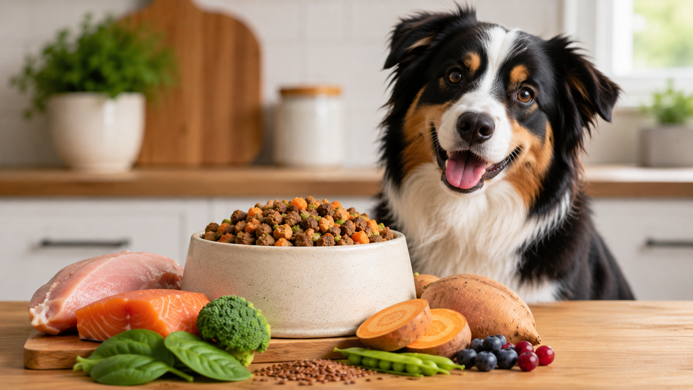 Australian Shepherd with human grade dog food ingredients on a kitchen table 
