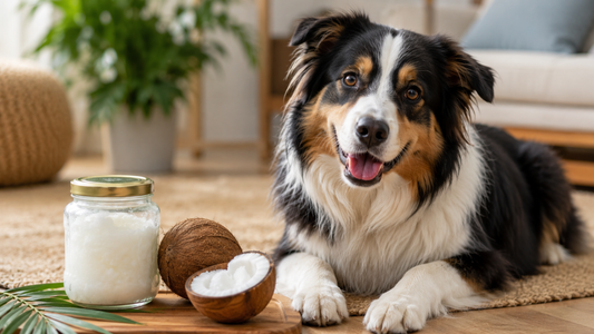 Australian shepherd with coconut oil for dogs on a wooden tray