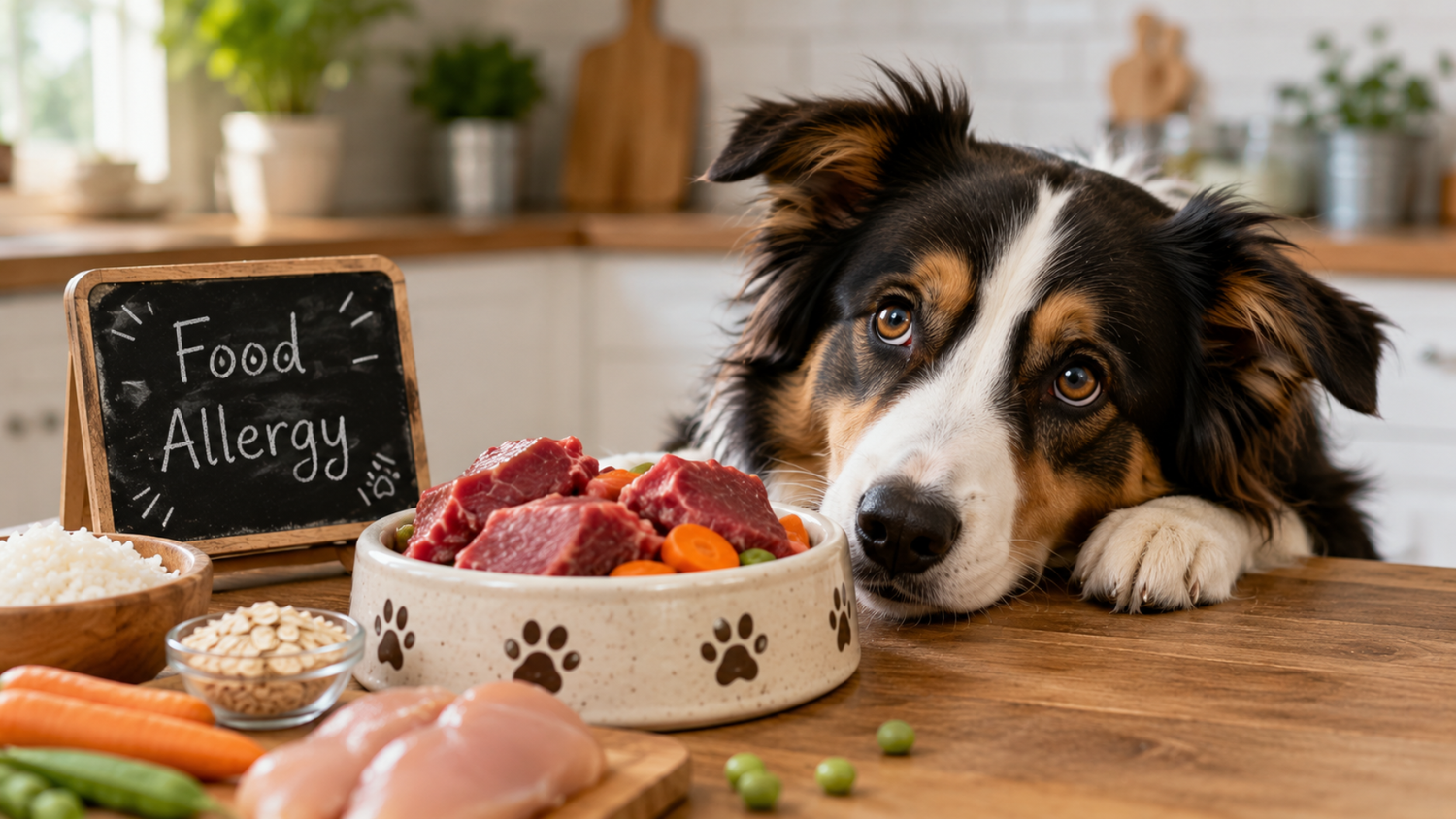 Border collie with food allergy symptoms beside a dog food bowl. 