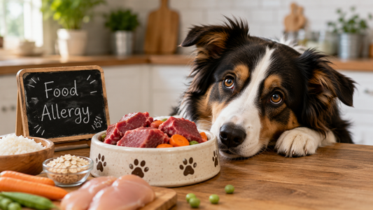 Border collie with food allergy symptoms beside a dog food bowl. 