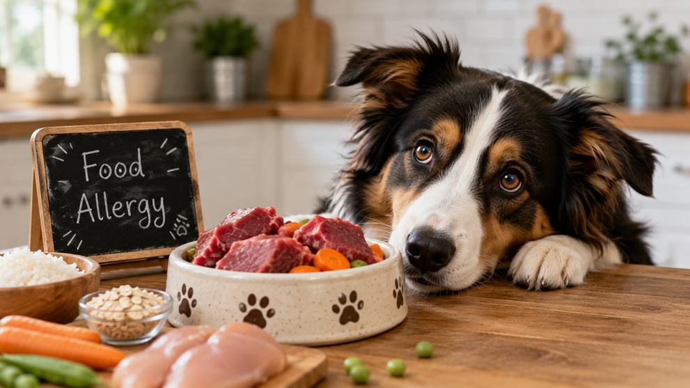 Border collie with food allergy symptoms beside a dog food bowl. 