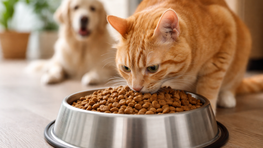 Cat eating from a dog food bowl while a dog watches.