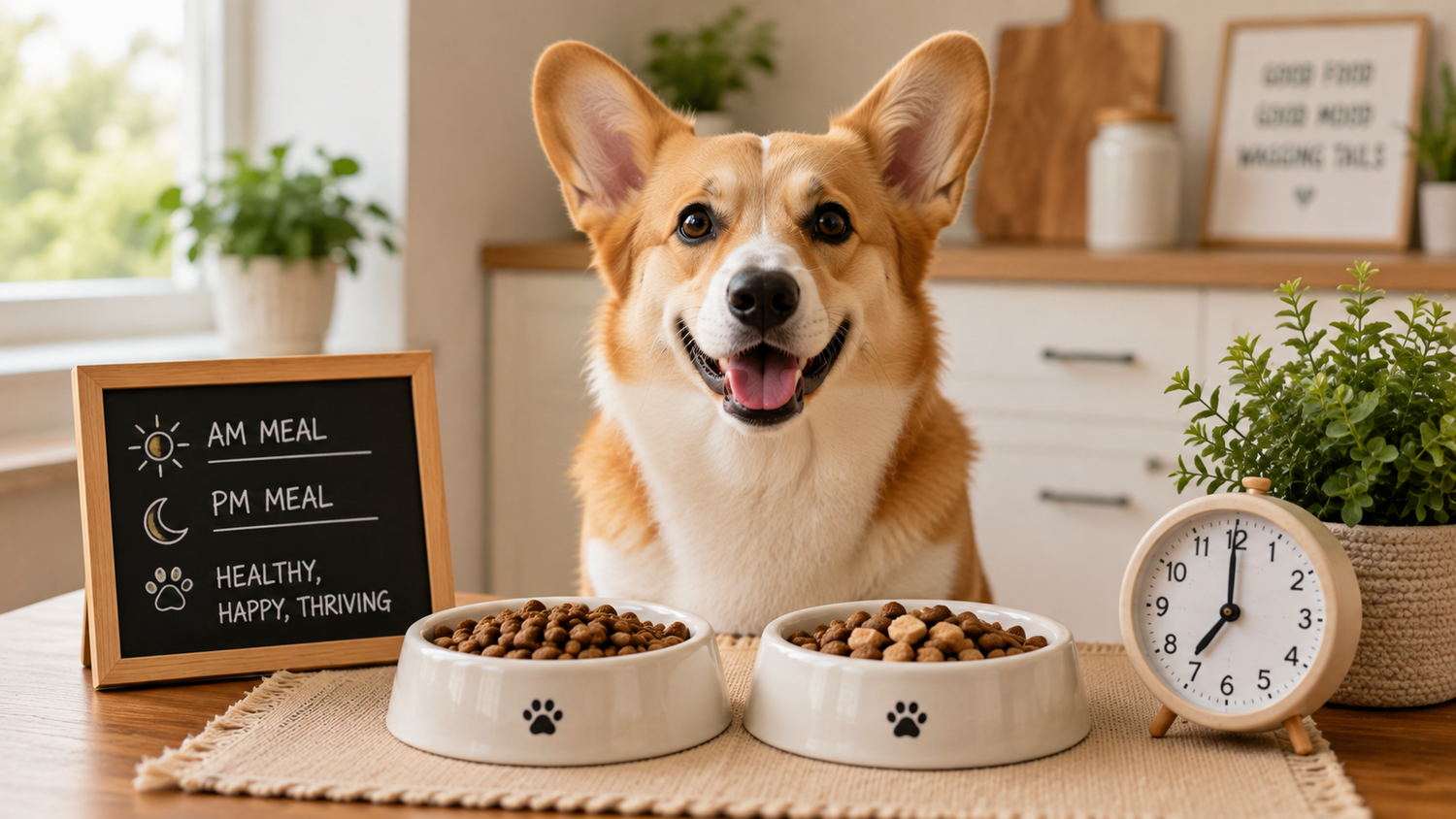 Corgi with two food bowls showing a healthy dog feeding schedule. 