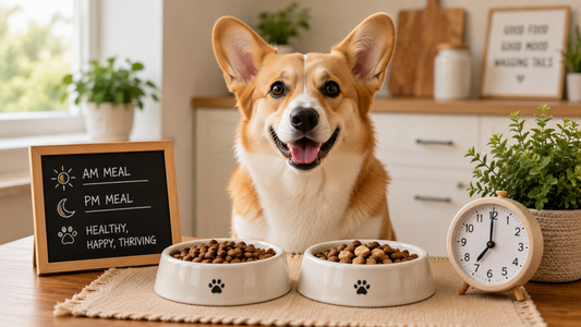 Corgi with two food bowls showing a healthy dog feeding schedule. 