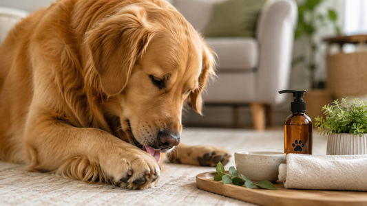 Dog licking paw while receiving home care for irritated paws. 