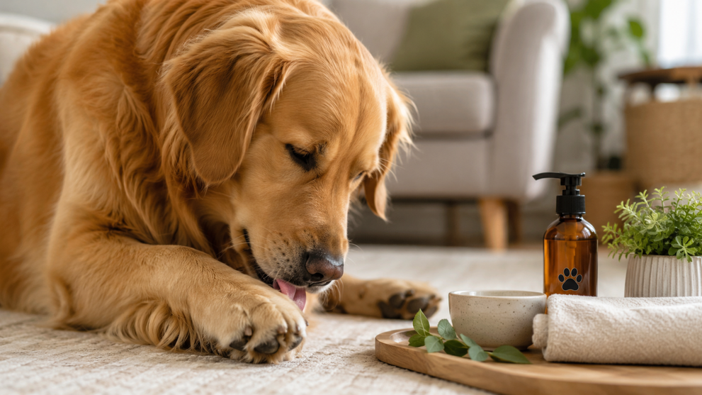 Dog licking paw while receiving home care for irritated paws. 
