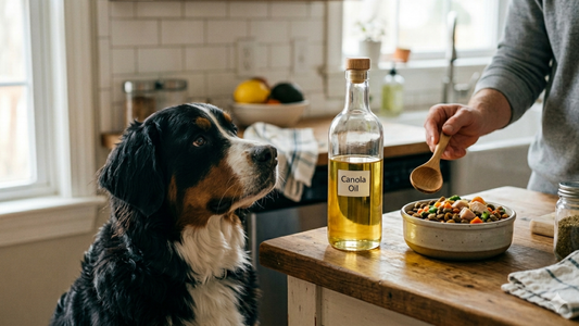 Dog looking at canola oil beside a bowl of dog food.