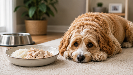 Dog resting beside a bland meal for diarrhea recovery. 