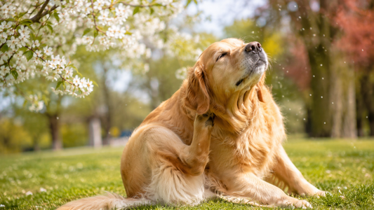 Dog scratching outdoors during seasonal allergy season.