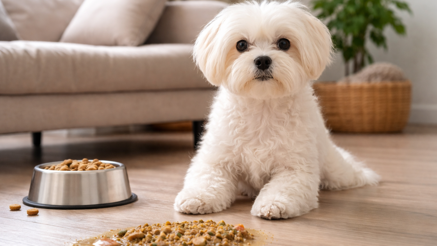 Dog sitting near undigested food on the floor