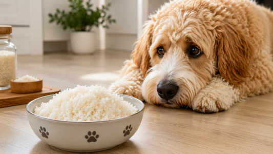 Dog staring at a bowl of rice for a dog nutrition article