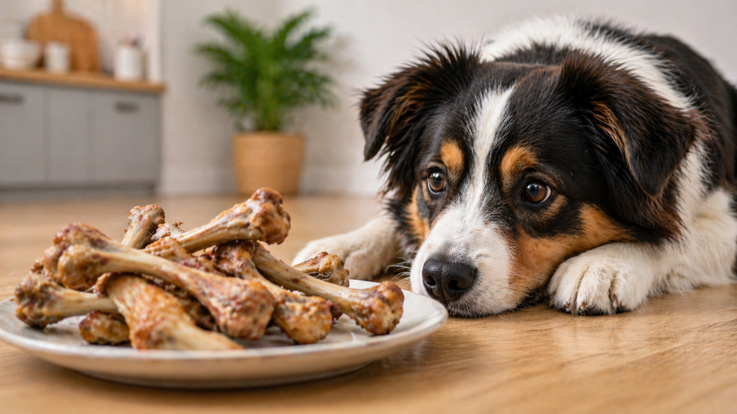 Dog staring at chicken bones, showing risk for dogs 
