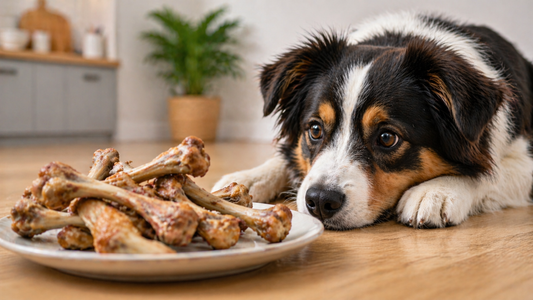 Dog staring at chicken bones, showing risk for dogs 