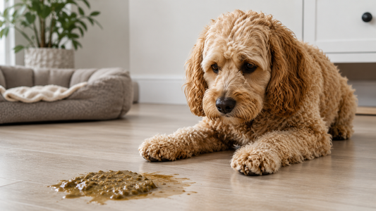 Dog with diarrhea lying on the floor at home. 