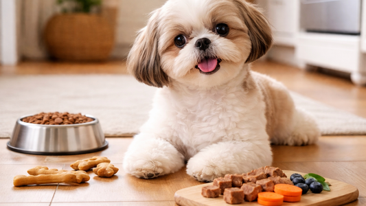 Dog with food bowl and treats on floor