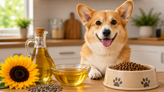 Dog with sunflower oil and dog food bowl on kitchen table. 