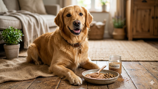 Flaxseed benefits for dogs with a healthy golden retriever and flaxseed beside its food bowl.