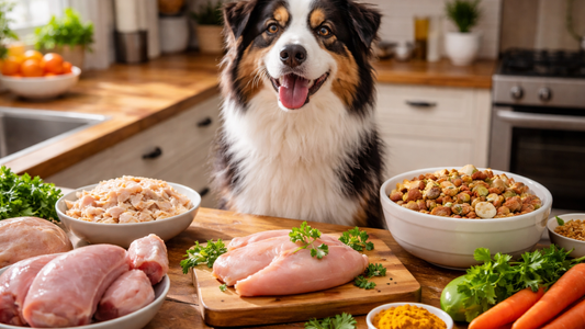 Happy Australian shepherd with chicken and dog food on the kitchen counter