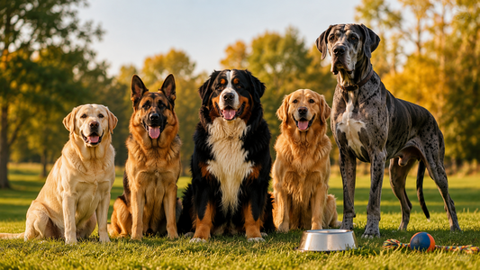 Large breed dogs of different sizes outdoors.