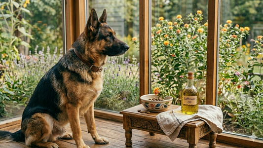 Safflower oil for dogs beside a German Shepherd indoors.