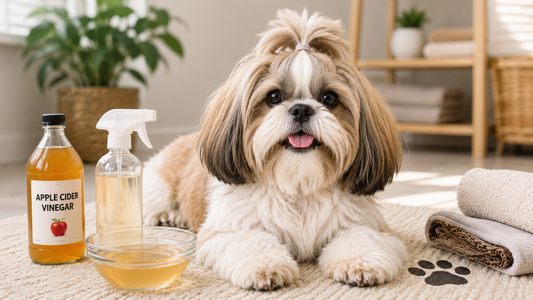 Shih tzu with apple cider vinegar for dog grooming routine.