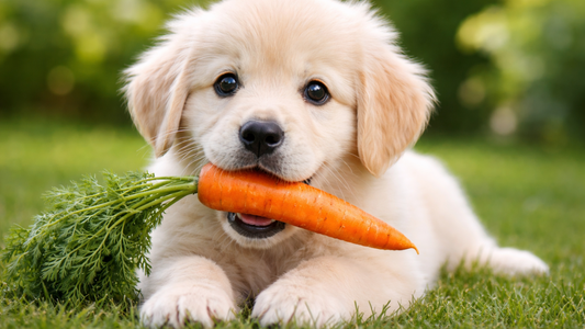Small dog biting a carrot